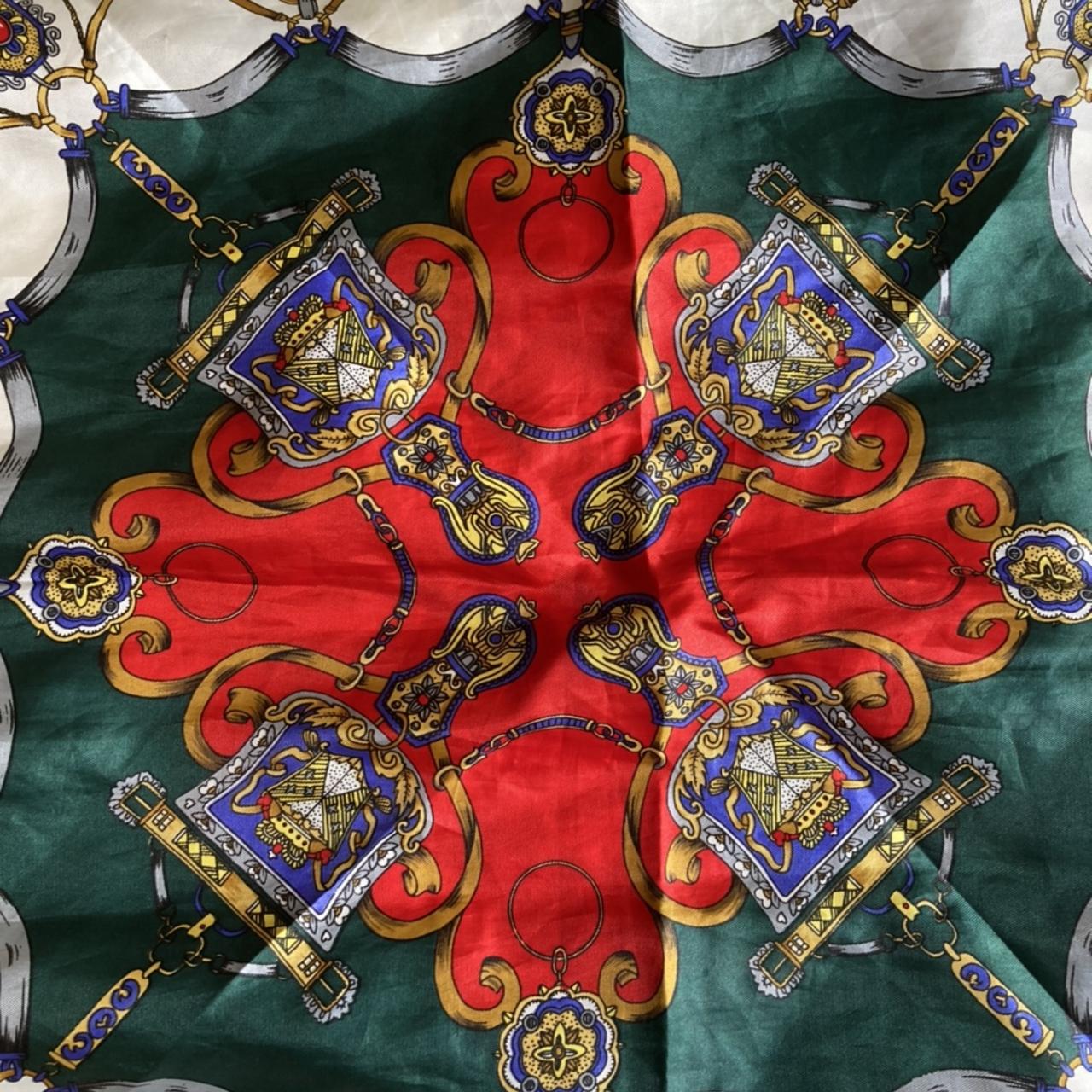 Stunning Vintage Silk Scarf With Red Green And Gold... - Depop