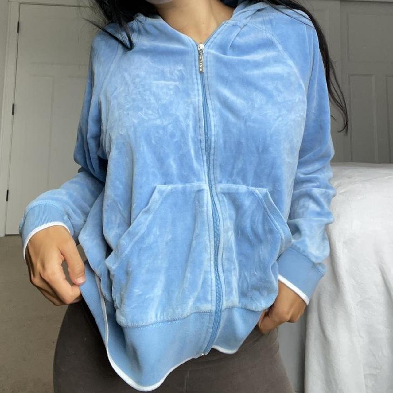 NEW YORK LAUNDRY baby blue velour zip up with white... - Depop