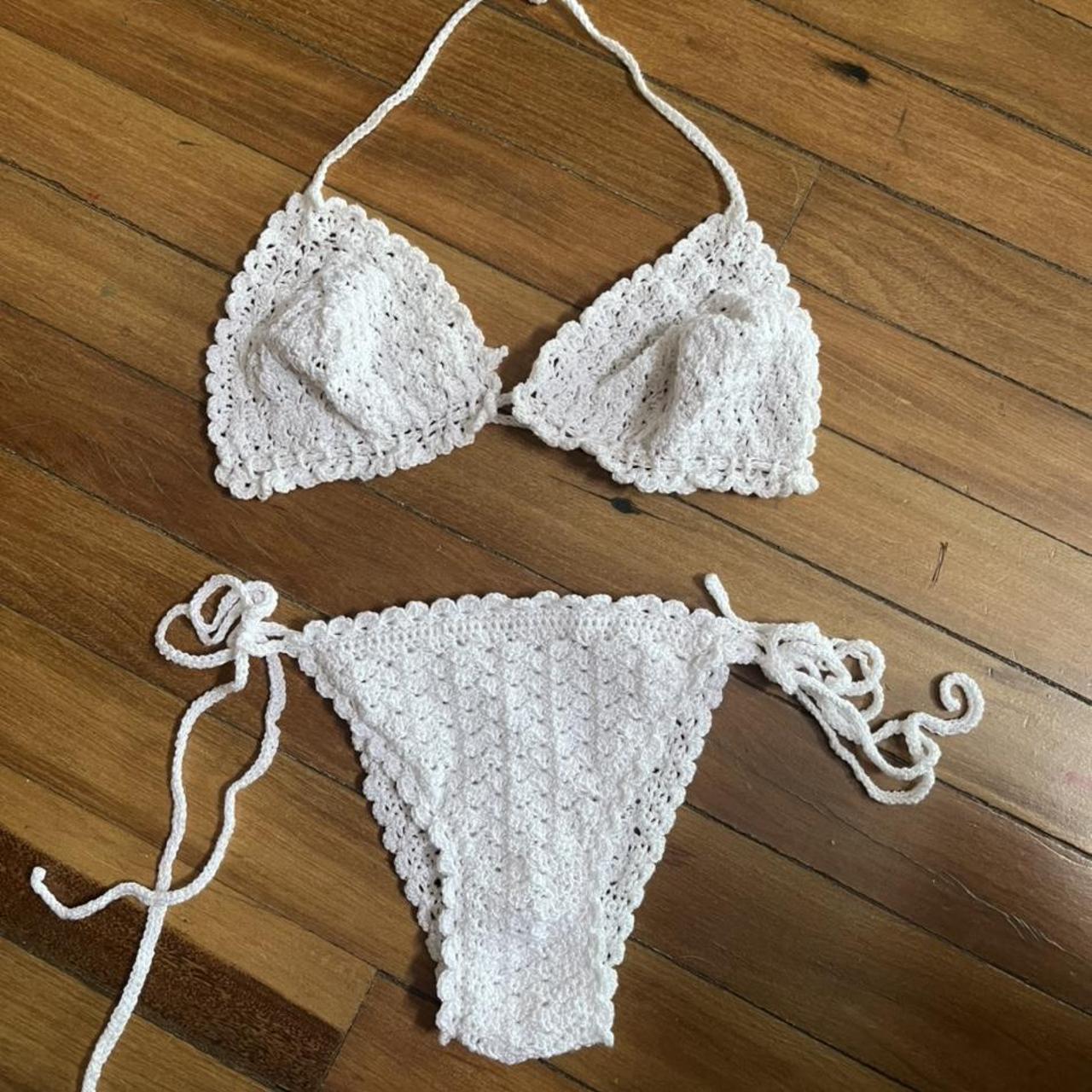 Beautiful handmade white crochet bikini swimmers... - Depop