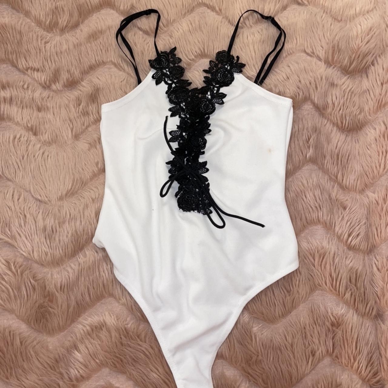 BLACK/WHITE LACE UP BODYSUIT Size PLT Depop