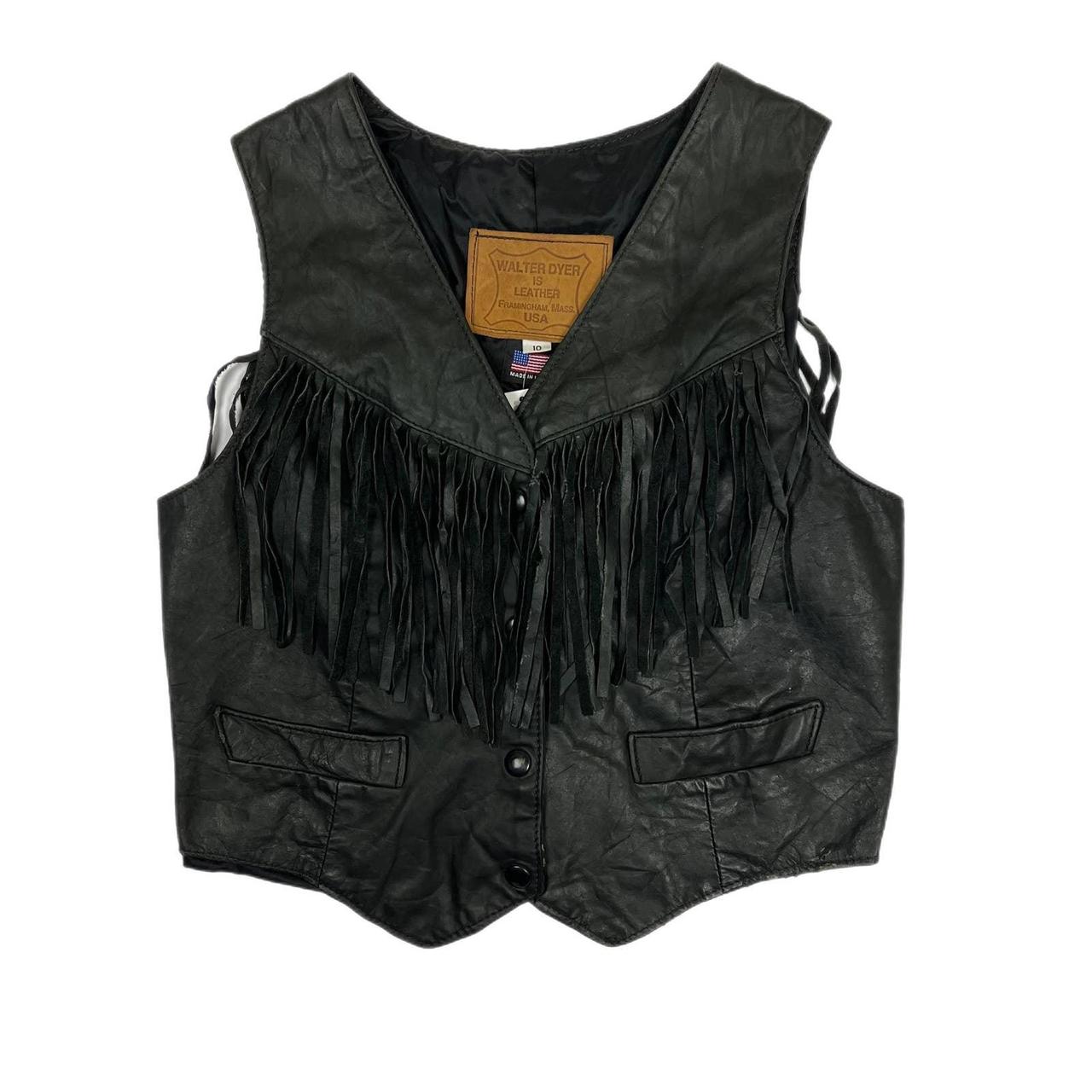 Walter Dyer Black Motorcycle Leather Fringed Vest... - Depop