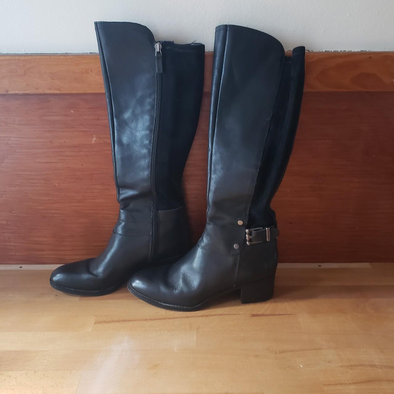 Knee-high black pleather boots by Franco Sarto. In... - Depop