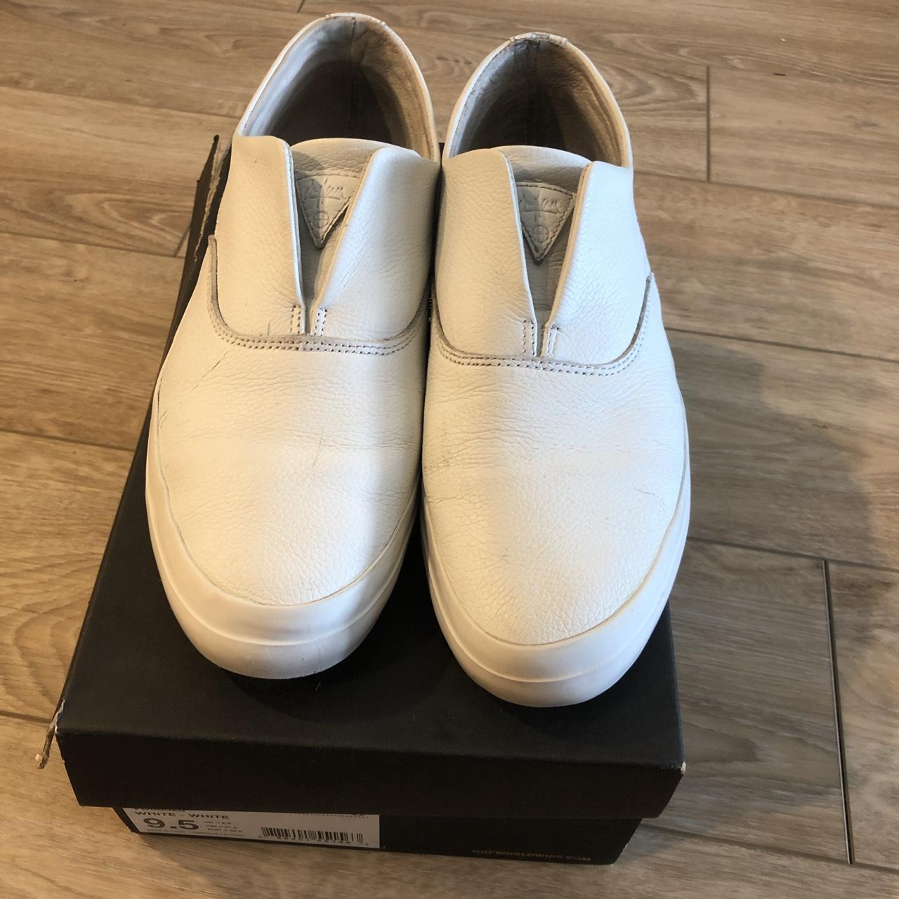 Size 9 Huf Dylan Rieder slip on all white leather,... - Depop