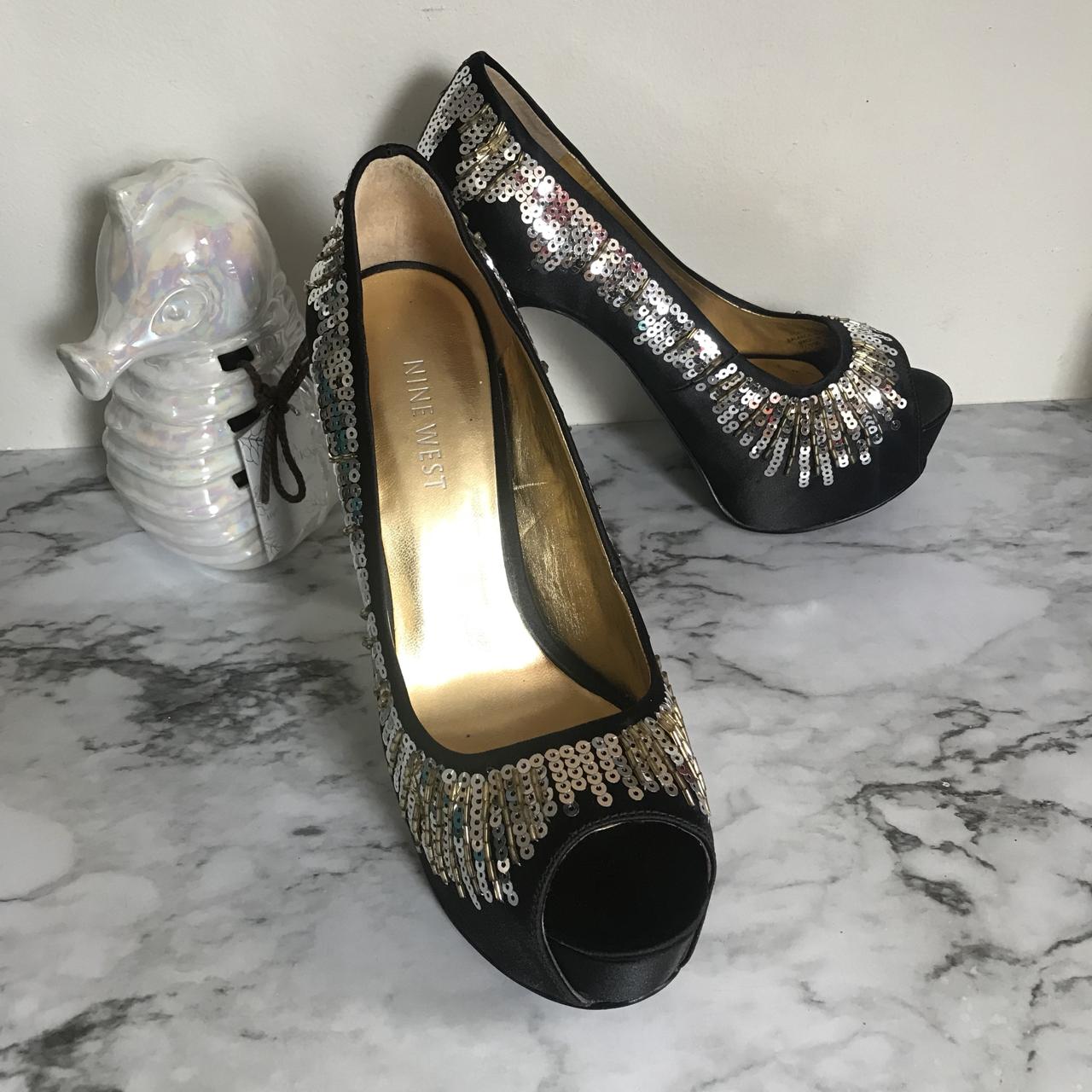 Brand New Nine West Black Satin Gold/Silver