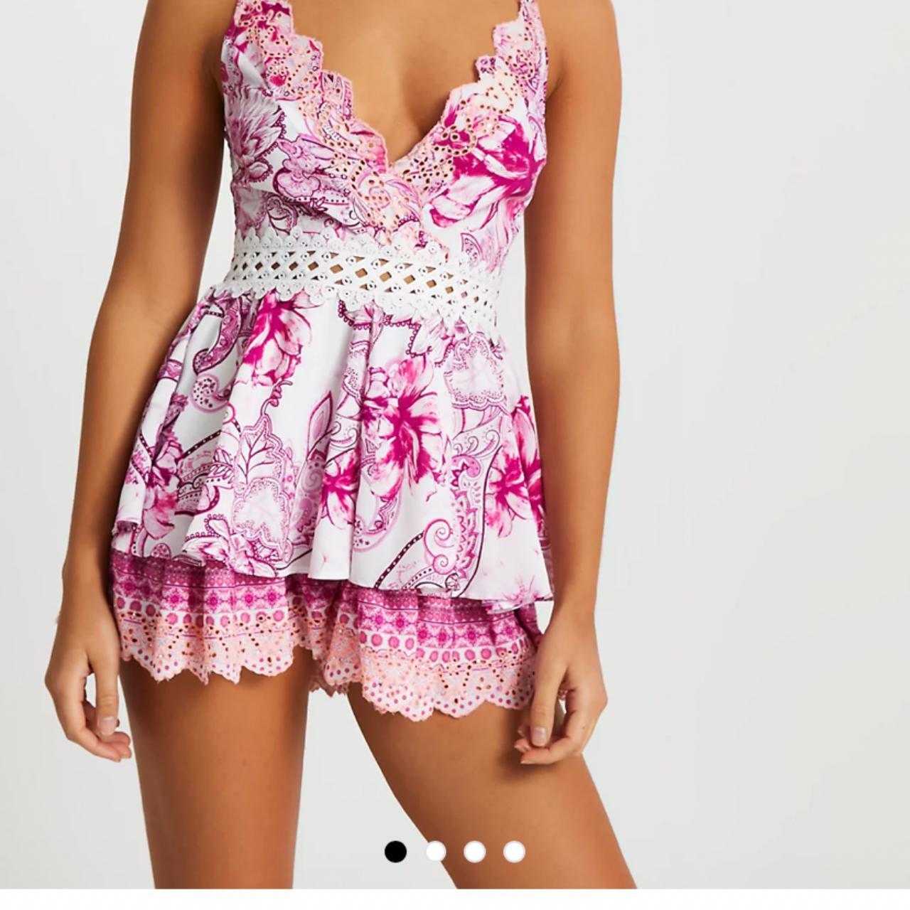 River Island Resort Pink Floral Frill Beach Playsuit Depop