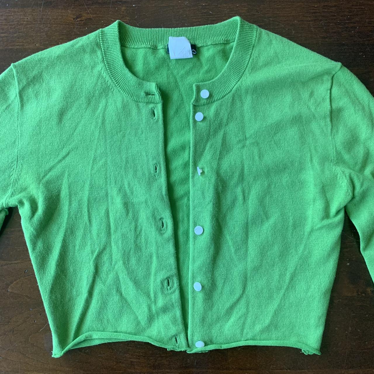 Green cropped button up cardigan top! Raw hem 3/4... - Depop