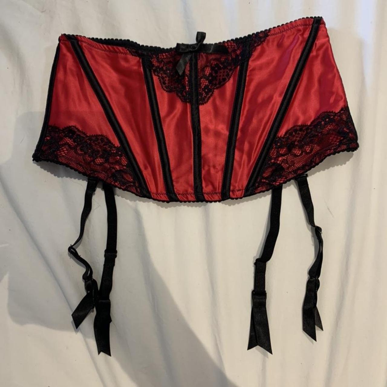 Ann summers suspended belt Satin red abs black lace... - Depop