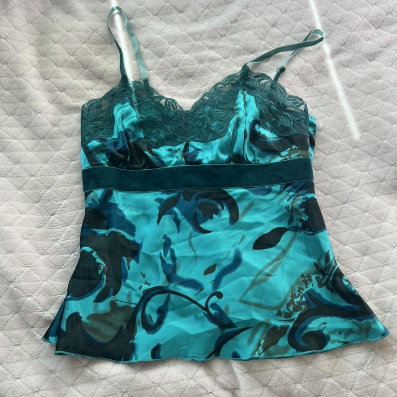 Cute 100% silk teal top! Velvet spaghetti straps,... - Depop