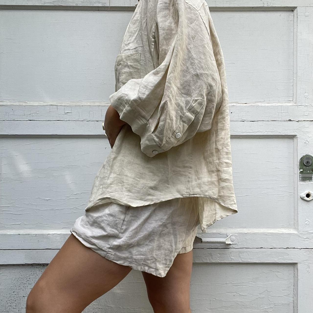 🍀 description linen pajama set in oatmeal, shorts... Depop