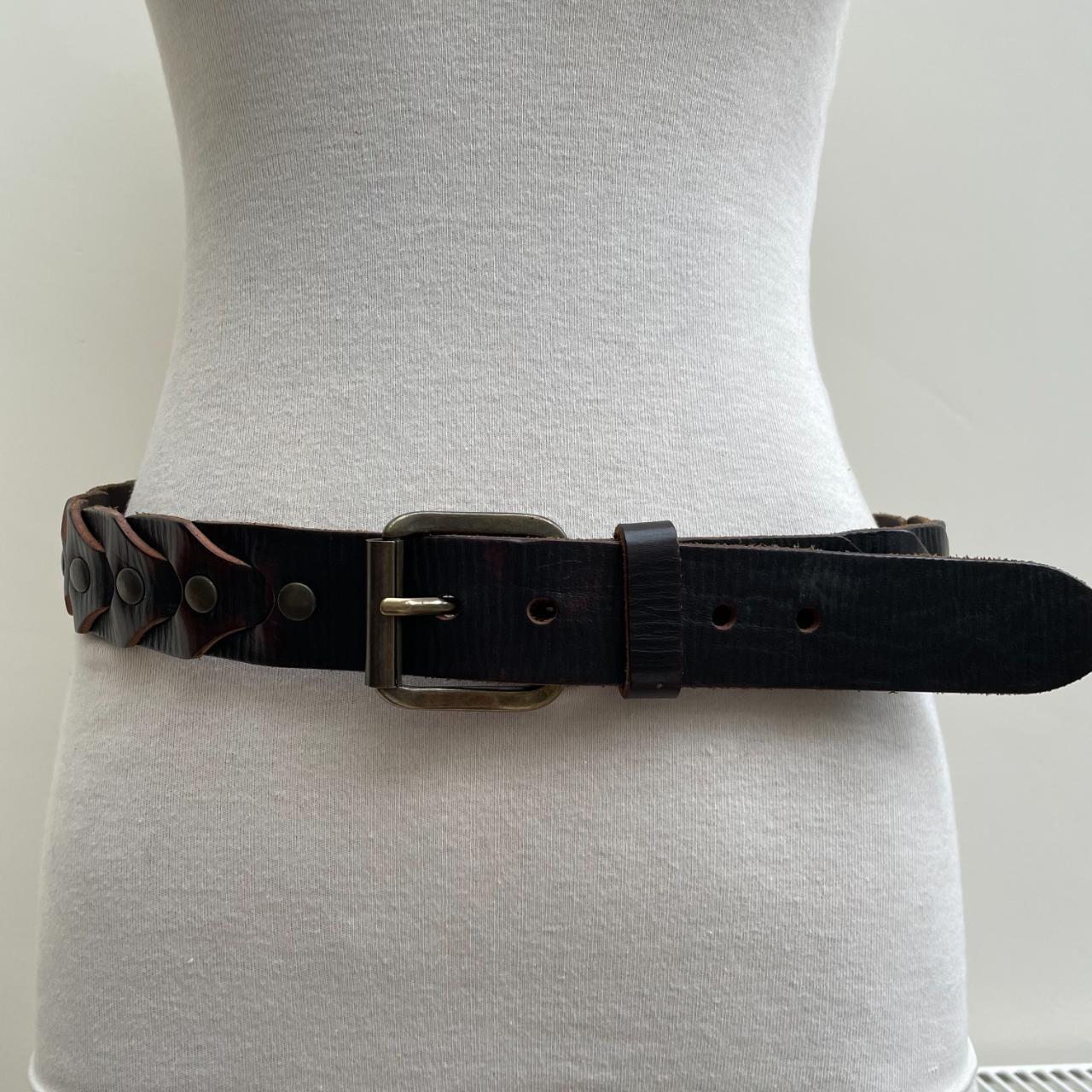 Brown leather belt with brass coloured stud detail... - Depop