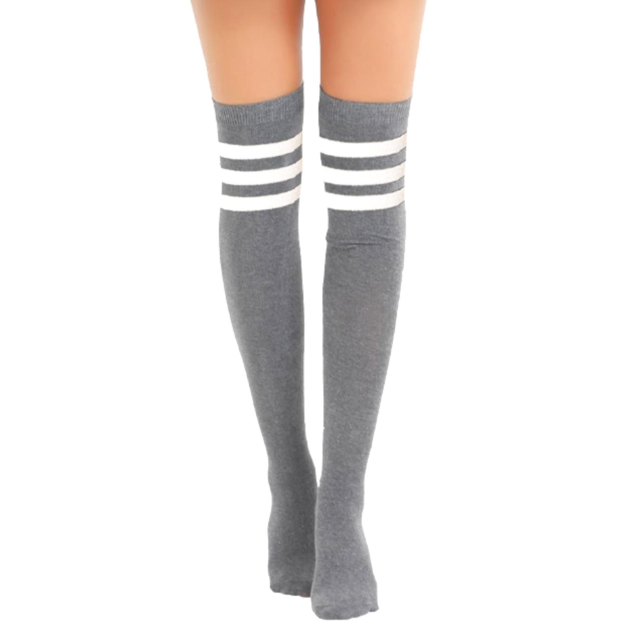 Over the knee / thigh high grey socks with white... - Depop