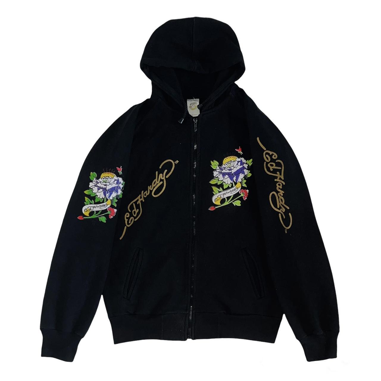 🦋🌸Ed Hardy zip up hoodie. Black with rose graphics... - Depop