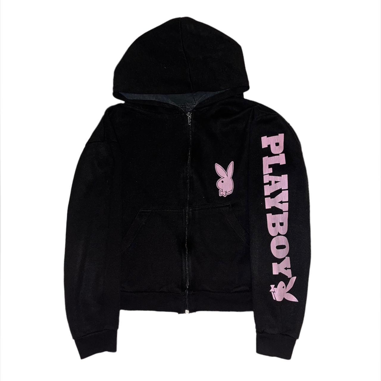 🦋🌸Playboy zip up crop hoodie. Black with pink bunny... - Depop