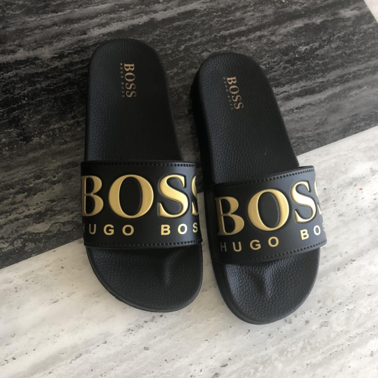 Hugo boss sliders black deals and gold