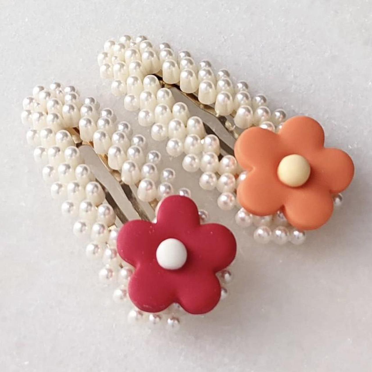 faux #pearl barrettes w red & orange floral... - Depop