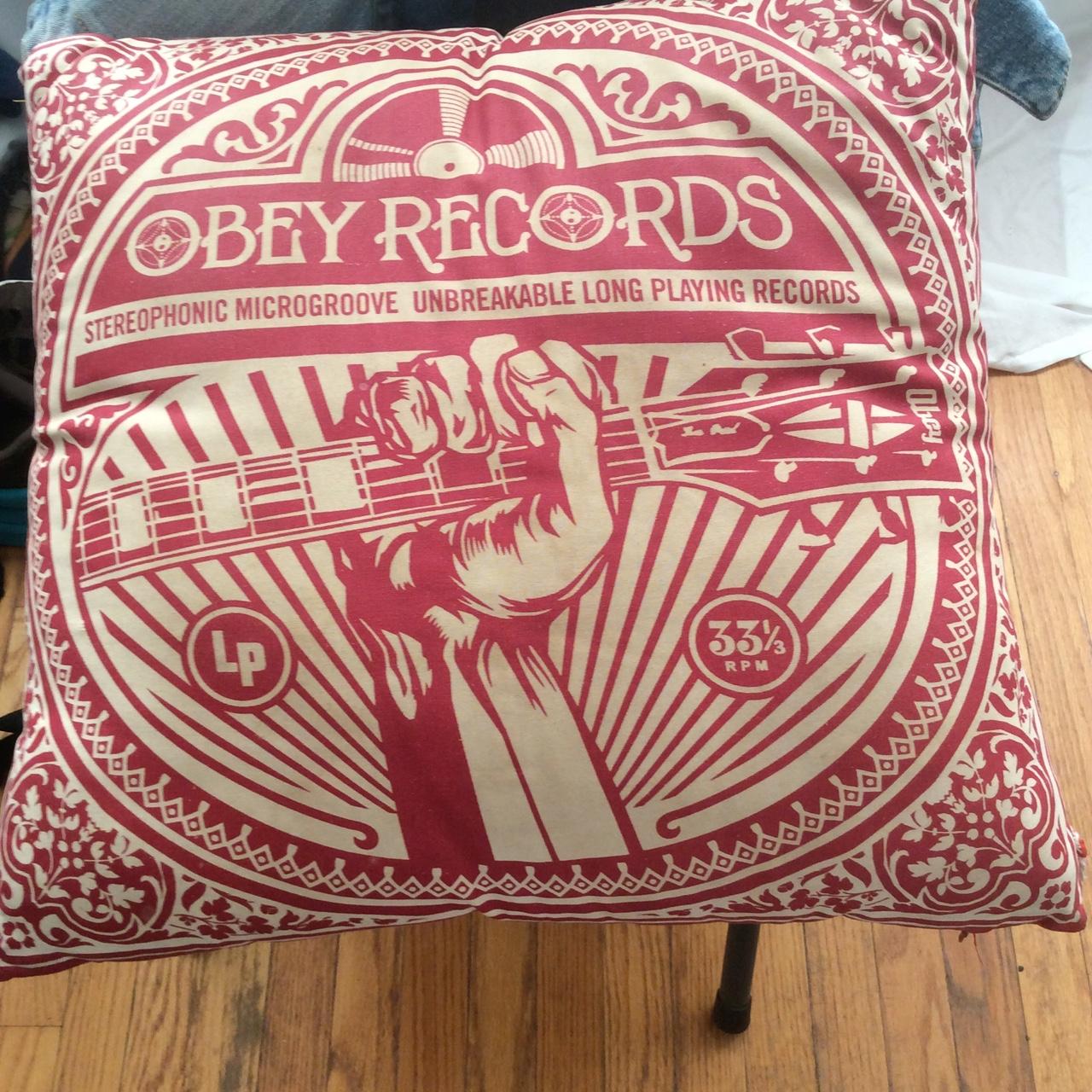 OBEY RECORDS Decorative Throw Pillow Set of 2 Red & White Blue