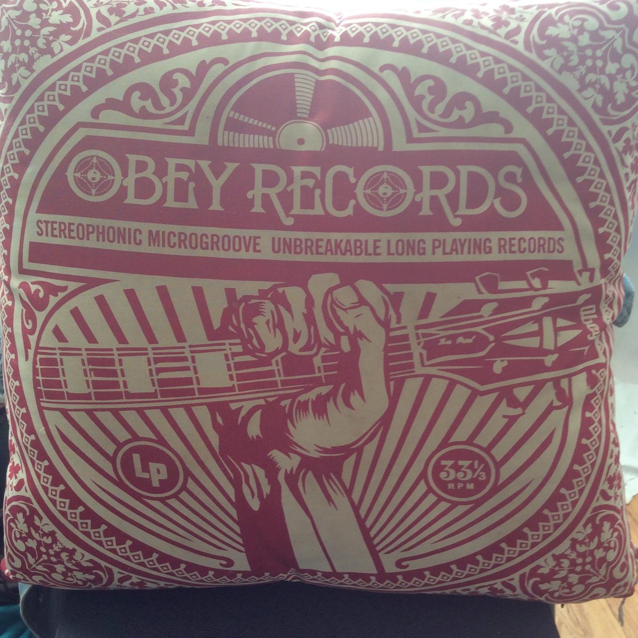 OBEY RECORDS Decorative Throw Pillow Set of 2 Red & White Blue