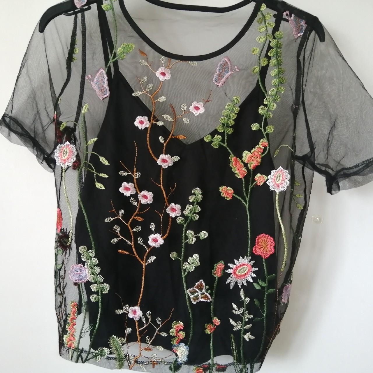 Black mesh top with embroidered flowers leaves and... - Depop
