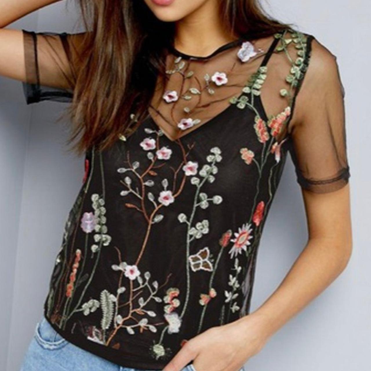 Black mesh top with embroidered flowers leaves and... Depop