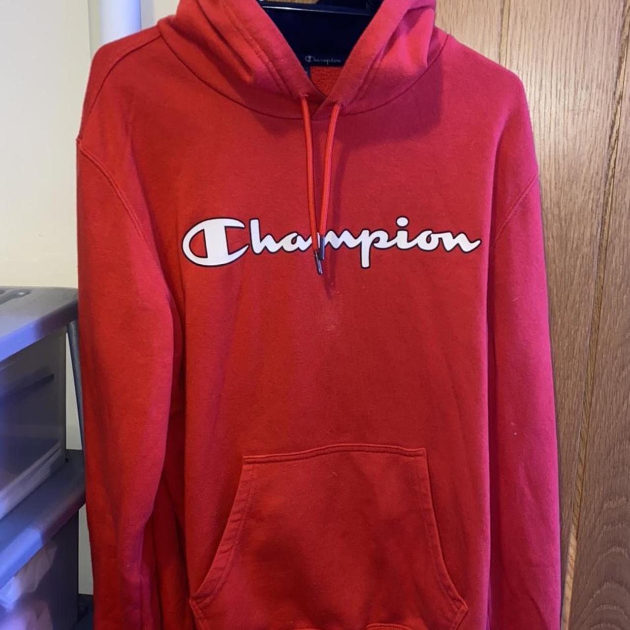 Champion Men's Red and Black Hoodie | Depop