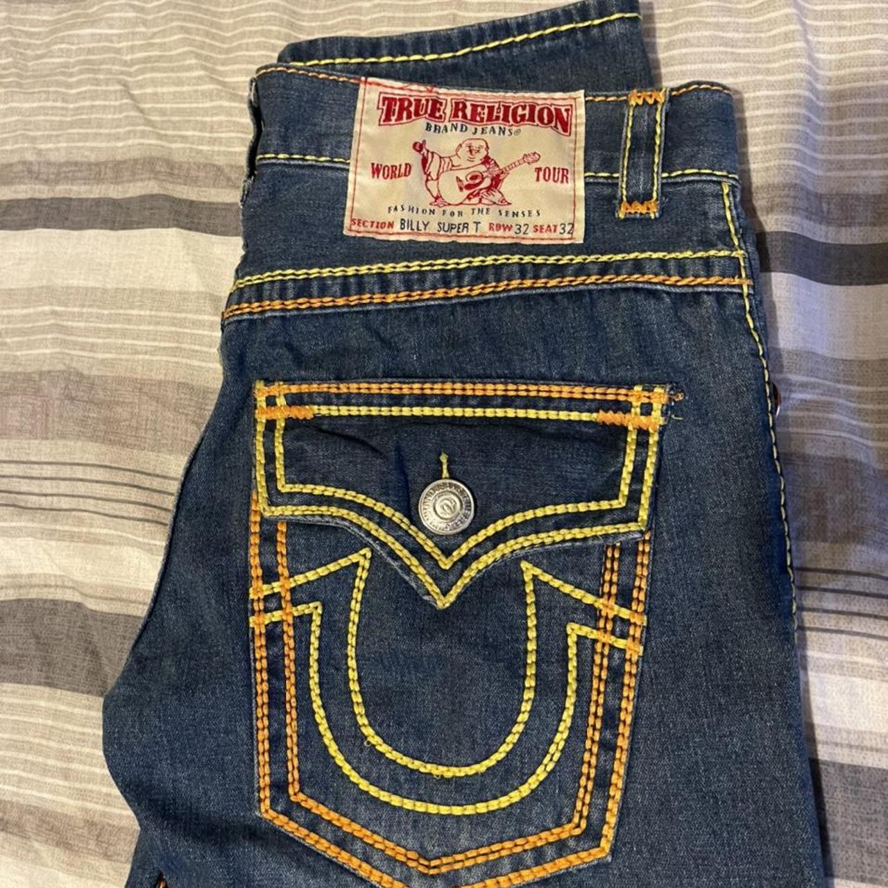 True Religion Jeans Yellow/Orange Contrast Stitch... - Depop