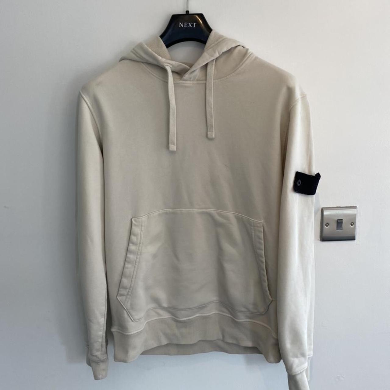 Stone Island Men's Cream and Black Hoodie | Depop