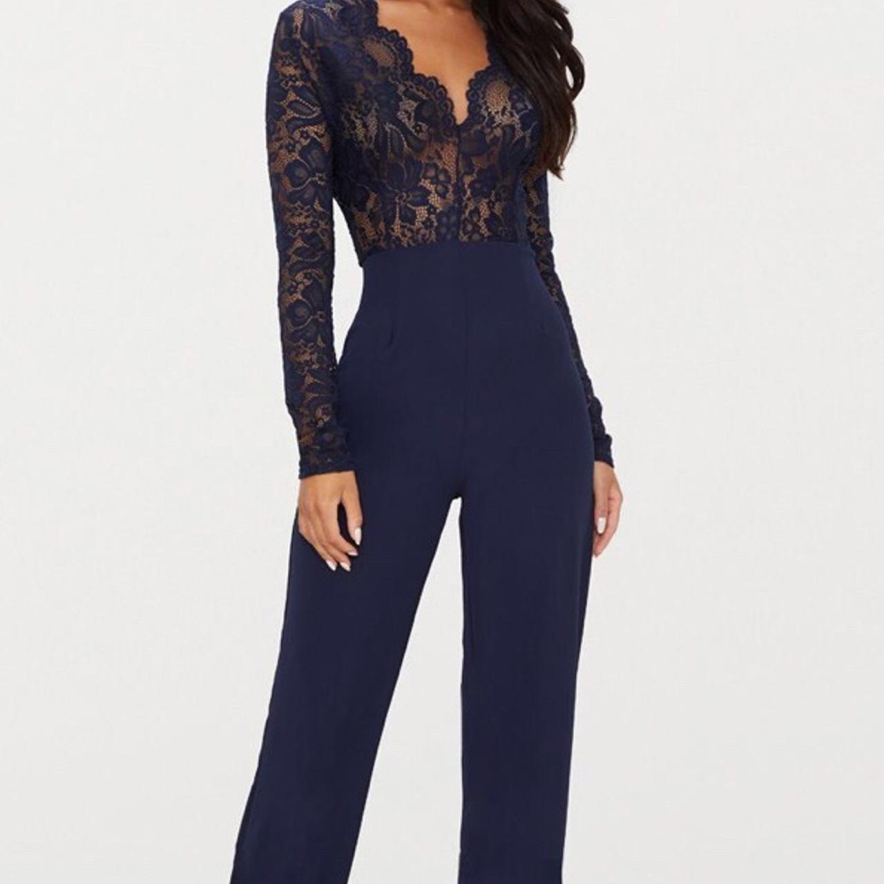 Pretty Little Thing Navy Lace Top Jumpsuit Wide... - Depop
