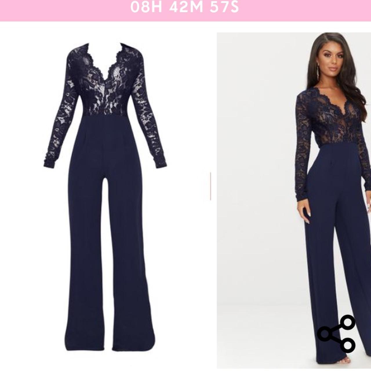 Pretty Little Thing Navy Lace Top Jumpsuit Wide... - Depop