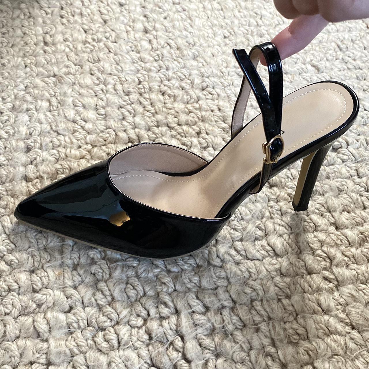 Black faux patent leather heels - pointy heel -... - Depop