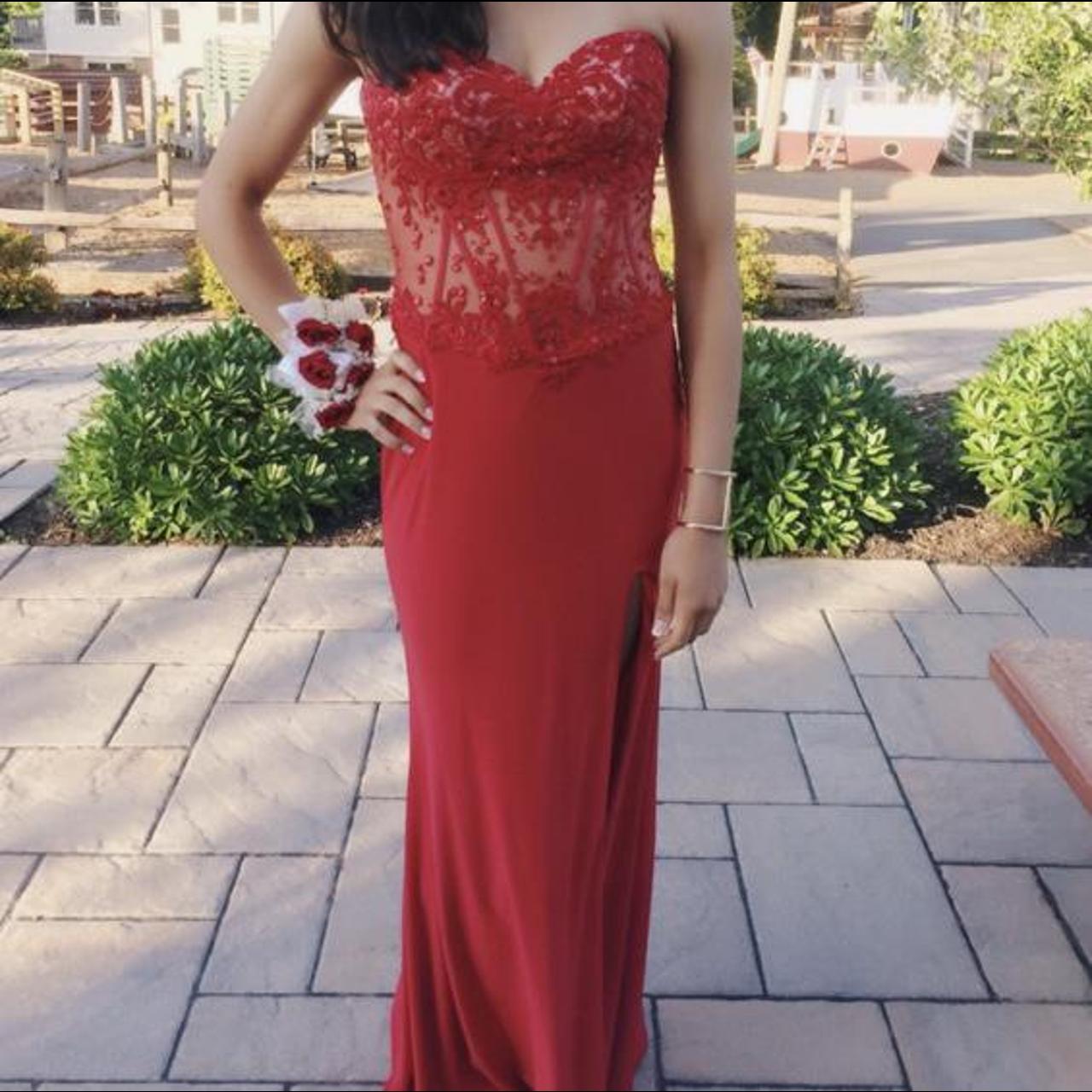 Mori Lee— red strapless gown. Only worn once for... - Depop