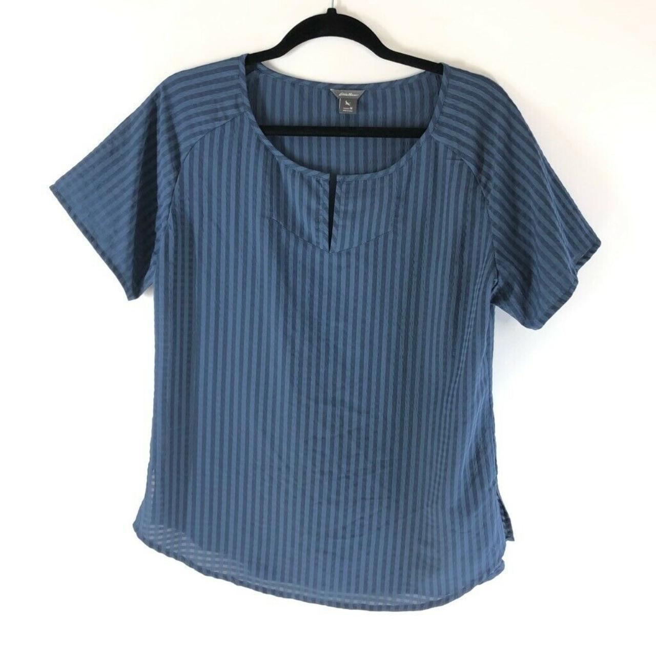 Eddie Bauer Womens Popover Blouse Blue Striped Short... - Depop