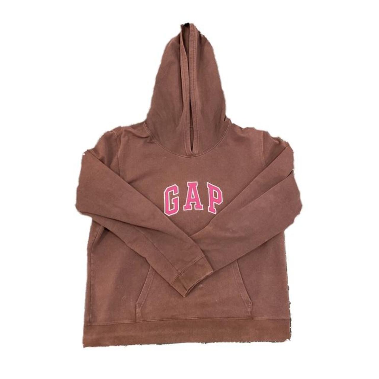 brown gap hoodie with pink writing