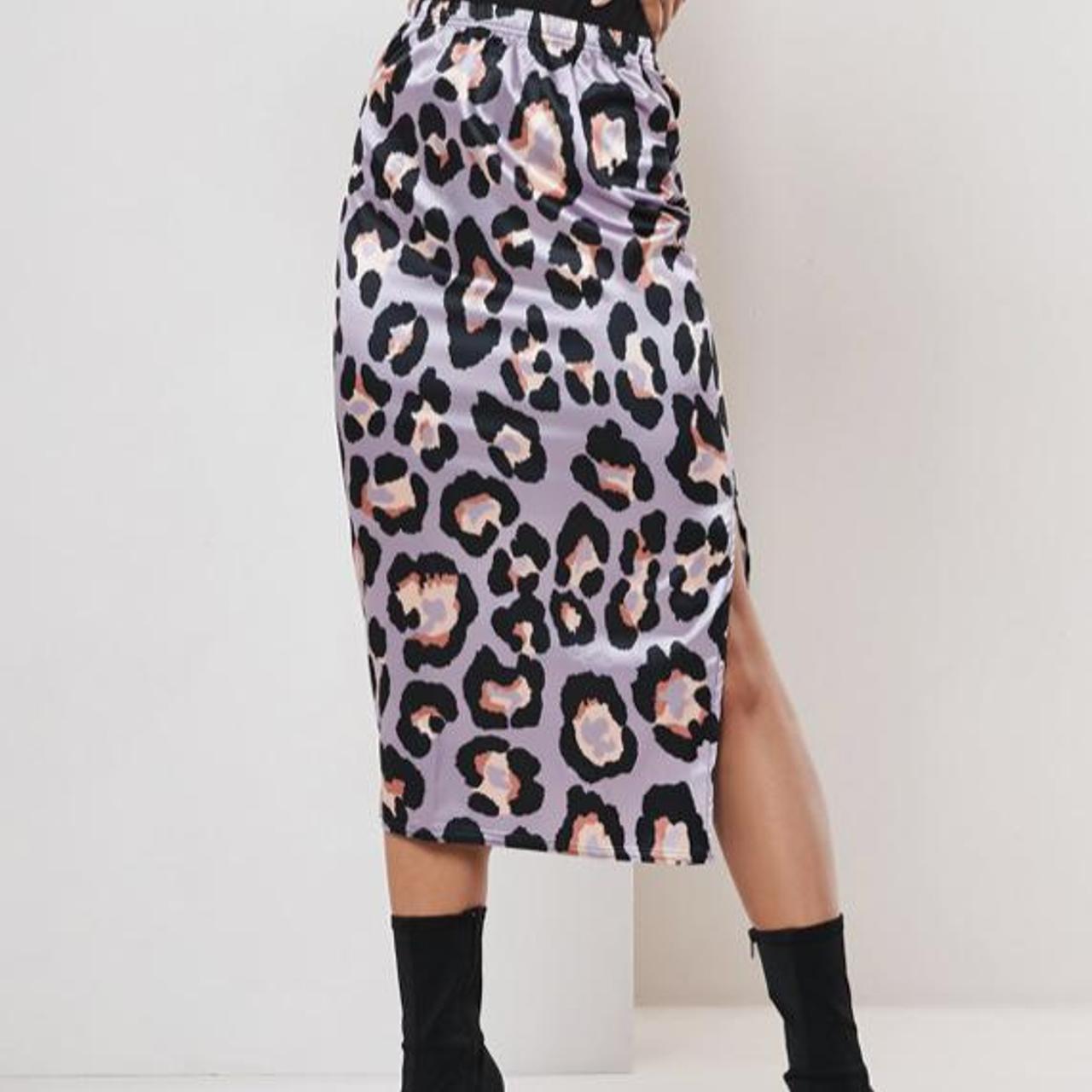 Lilac and black leopard print satin skirt in a midi