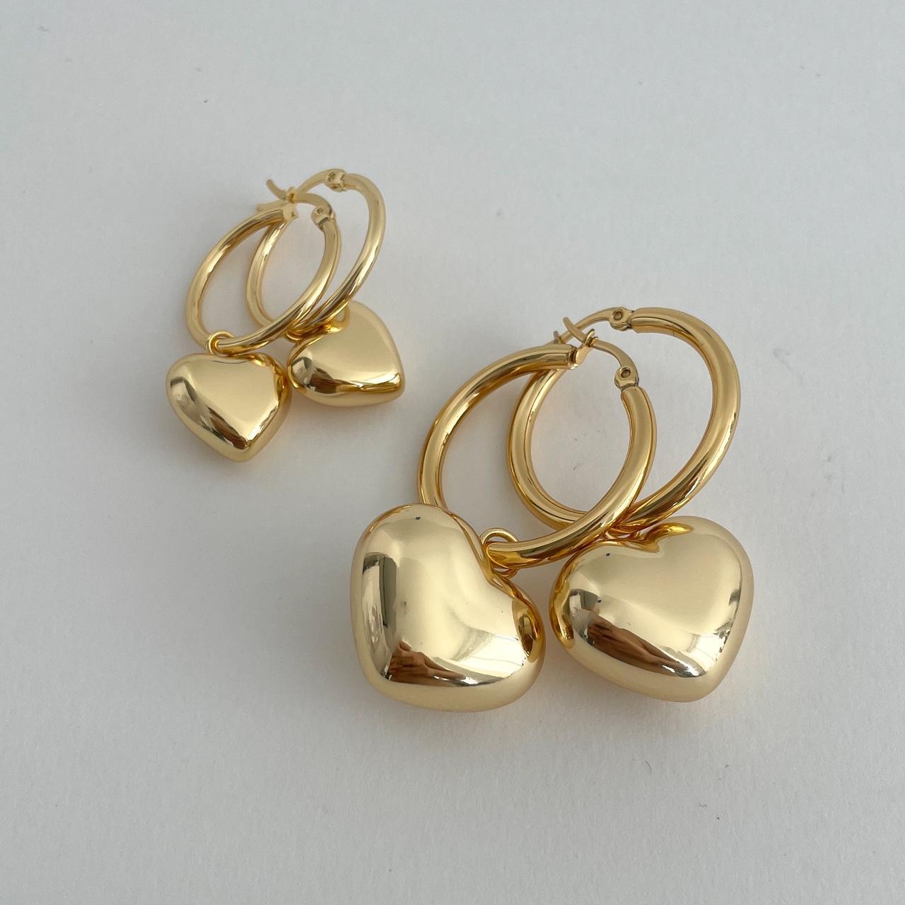 Gold Hoop Earrings Puffy Heart Earrings 18K gold... - Depop