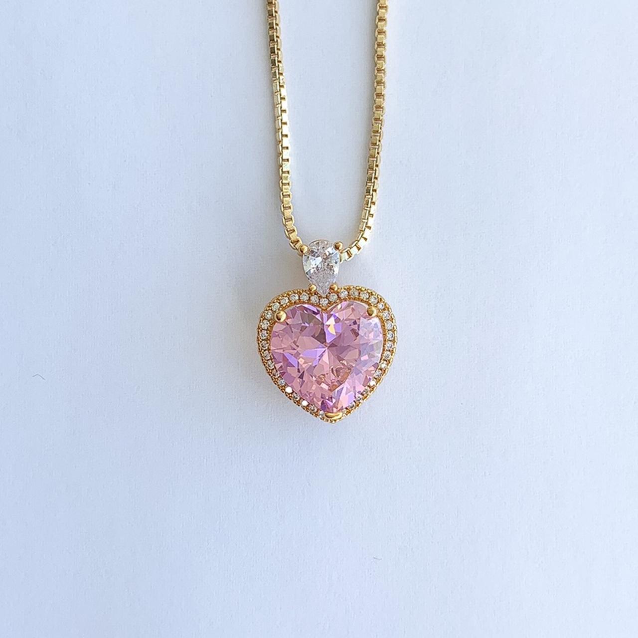 Heart necklace Gold Necklace with Pink Heart Pendant... - Depop