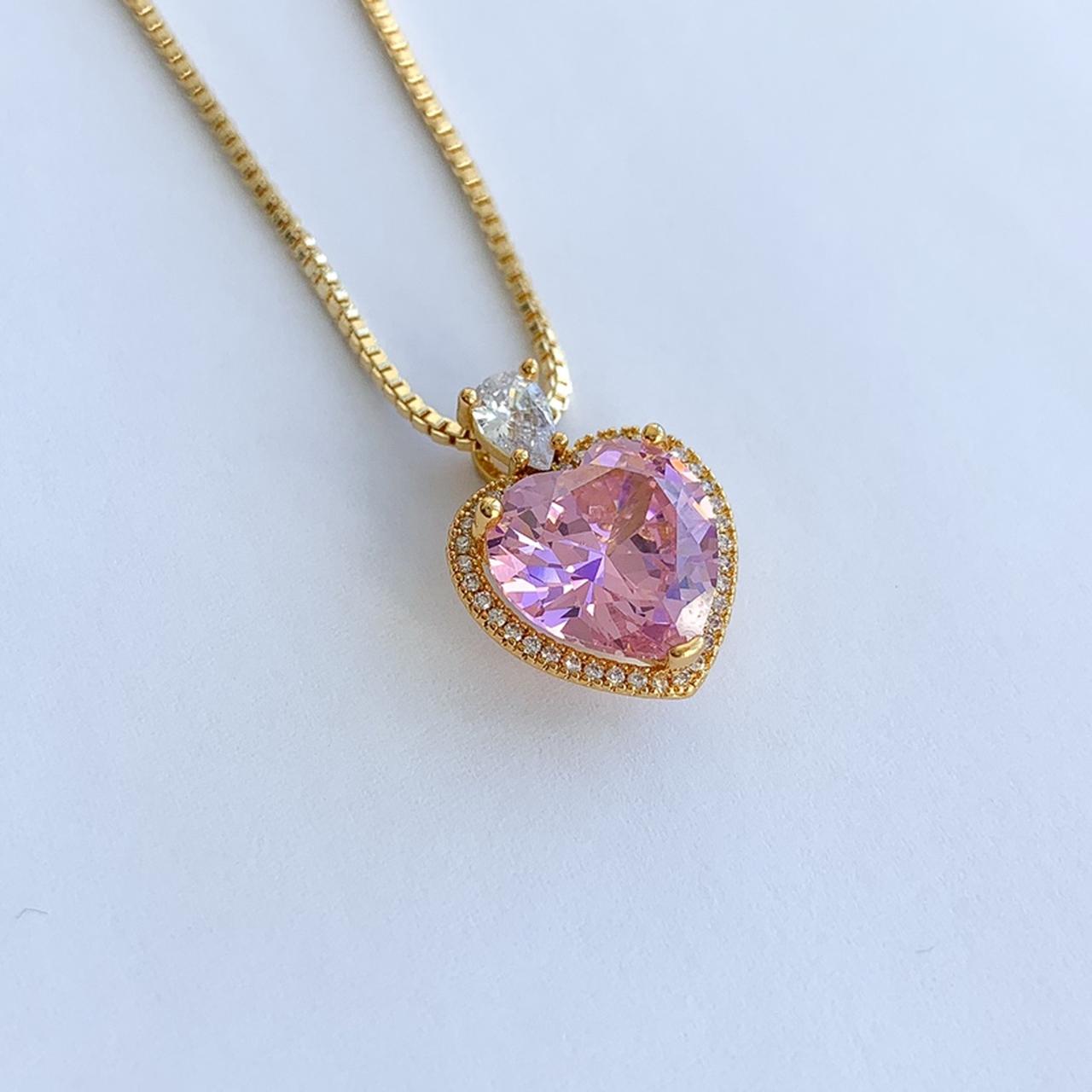 Heart necklace Gold Necklace with Pink Heart Pendant... - Depop