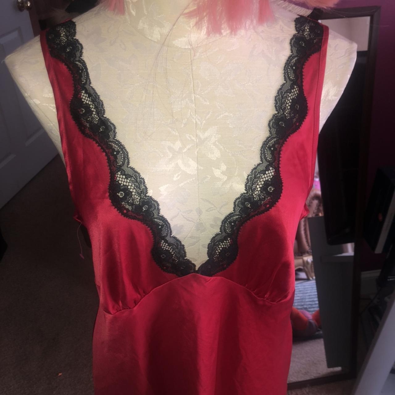 Beautiful red silky Victoria Secret black lace trim... - Depop