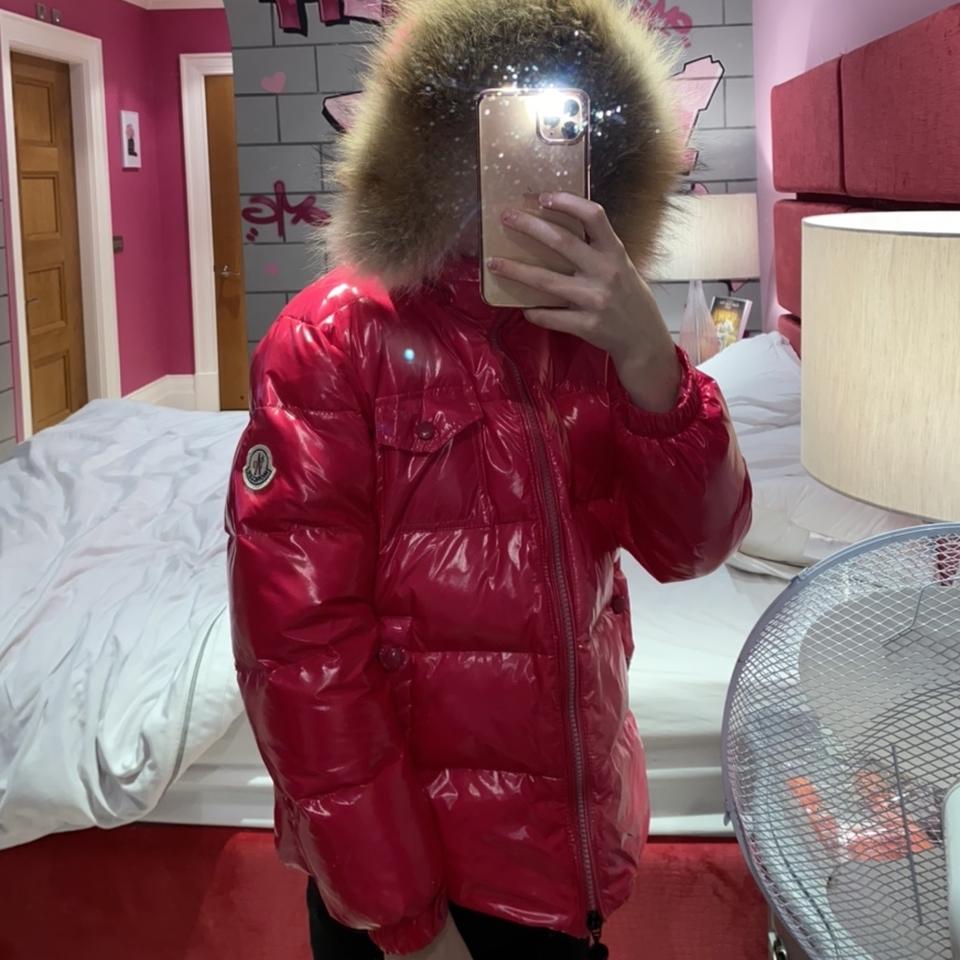 Red moncler shop coat fur hood