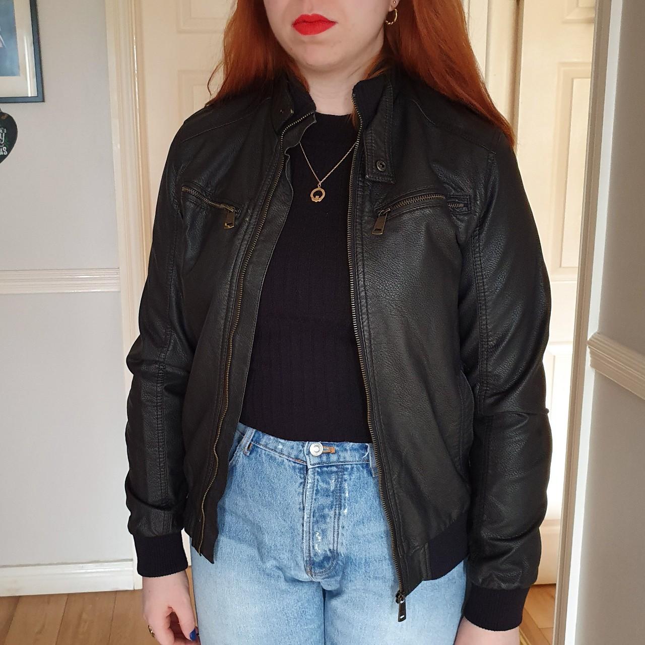Leather bomber jacket in brown with elasticated cuff... - Depop