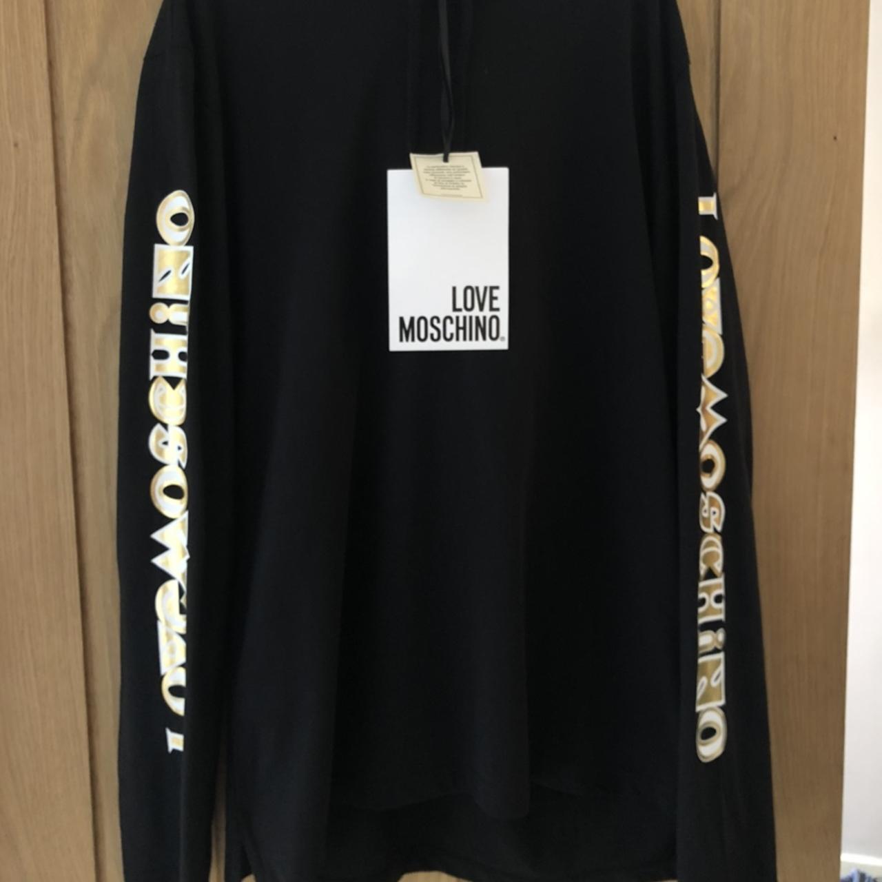 Black unisex moschino hoodie gold branding Depop