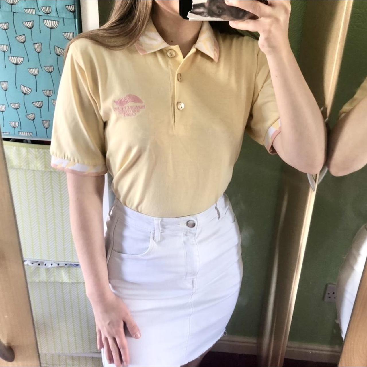 Vintage Yellow Polo Shirt With Pink And White - Depop