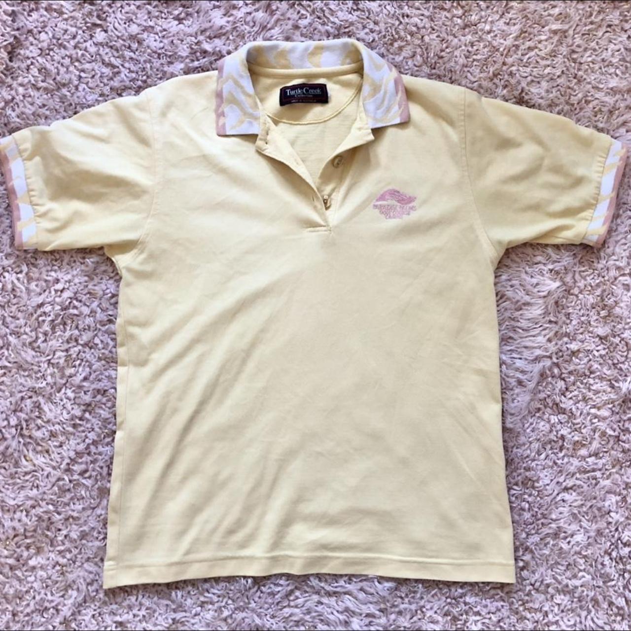 Vintage yellow polo shirt with pink and white... - Depop
