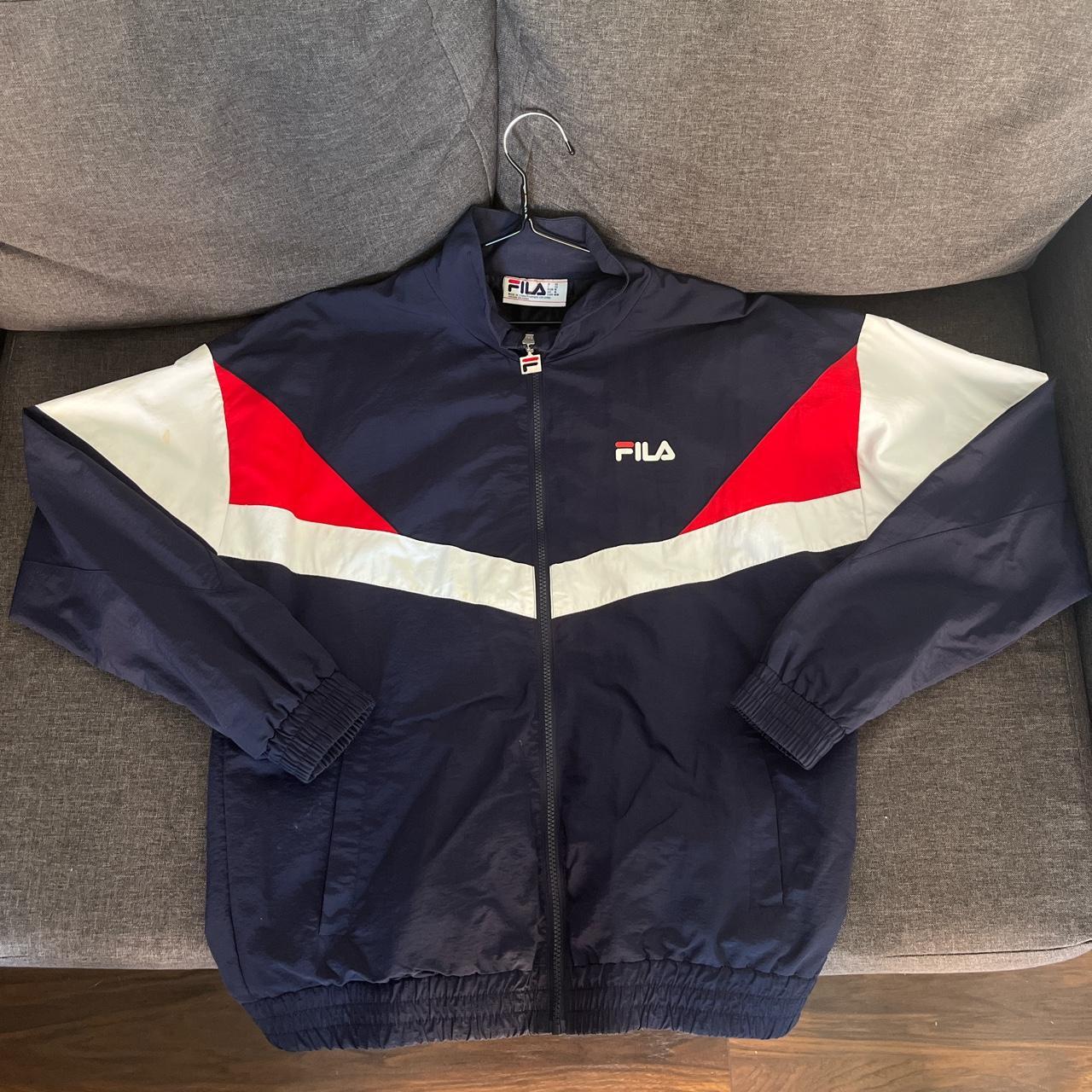 Navy, red and white Fila jacket. Size Medium. Good... - Depop