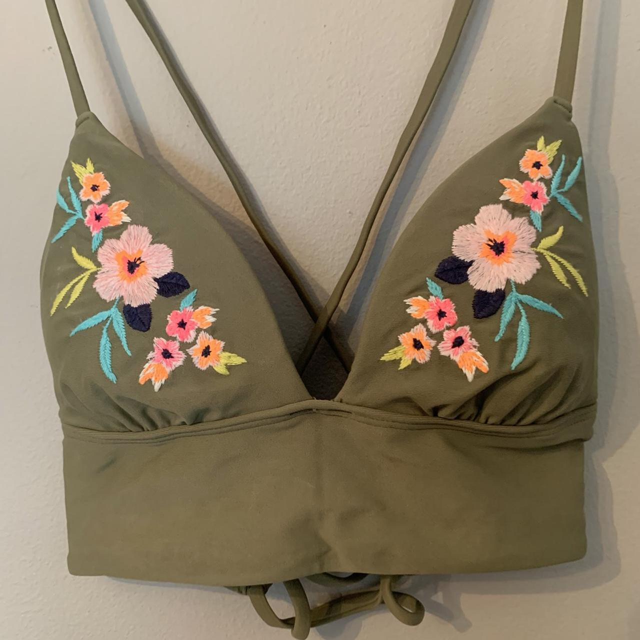 Hollister swim khaki bikini top bralet with floral... Depop