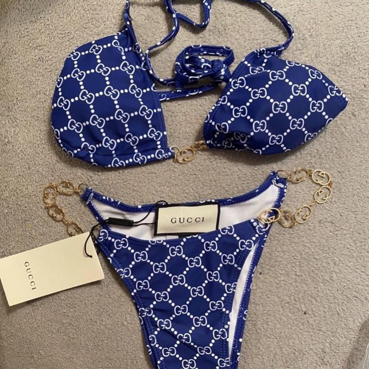 NOT AVAILABLE!!! Blue Gucci print bikini with gold - Depop