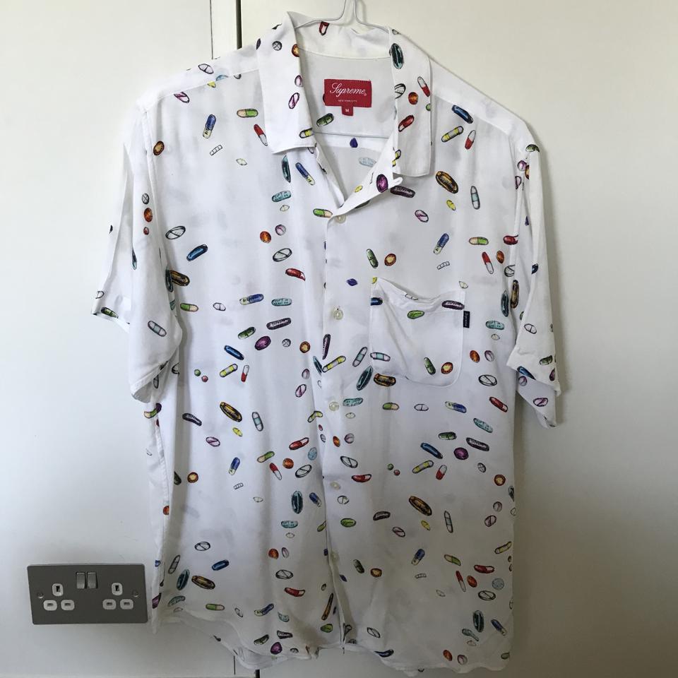 SUPREME PILLS RAYON SHIRT, WHITE / SIZE MEDIUM, 9.5/10...