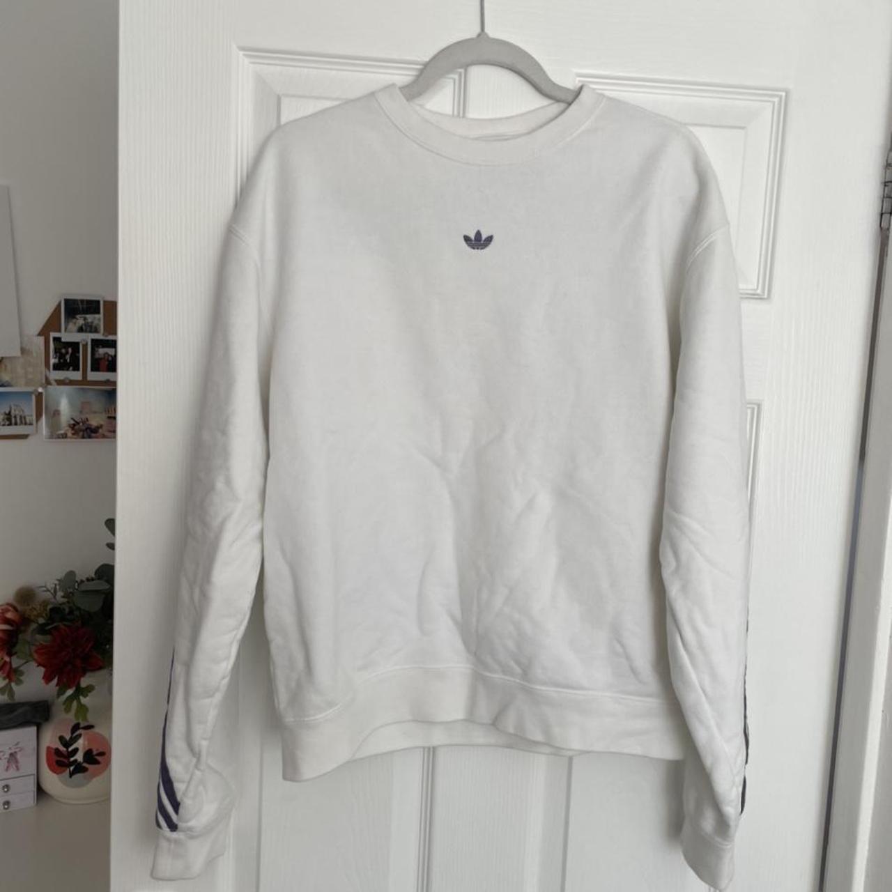 Adidas sweatshirt, medium, white with purple 3... - Depop
