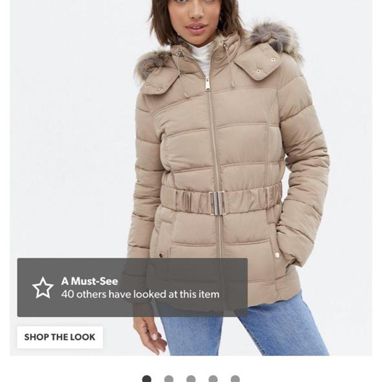 New look camel/ beige belted puffer coat jacket with... - Depop