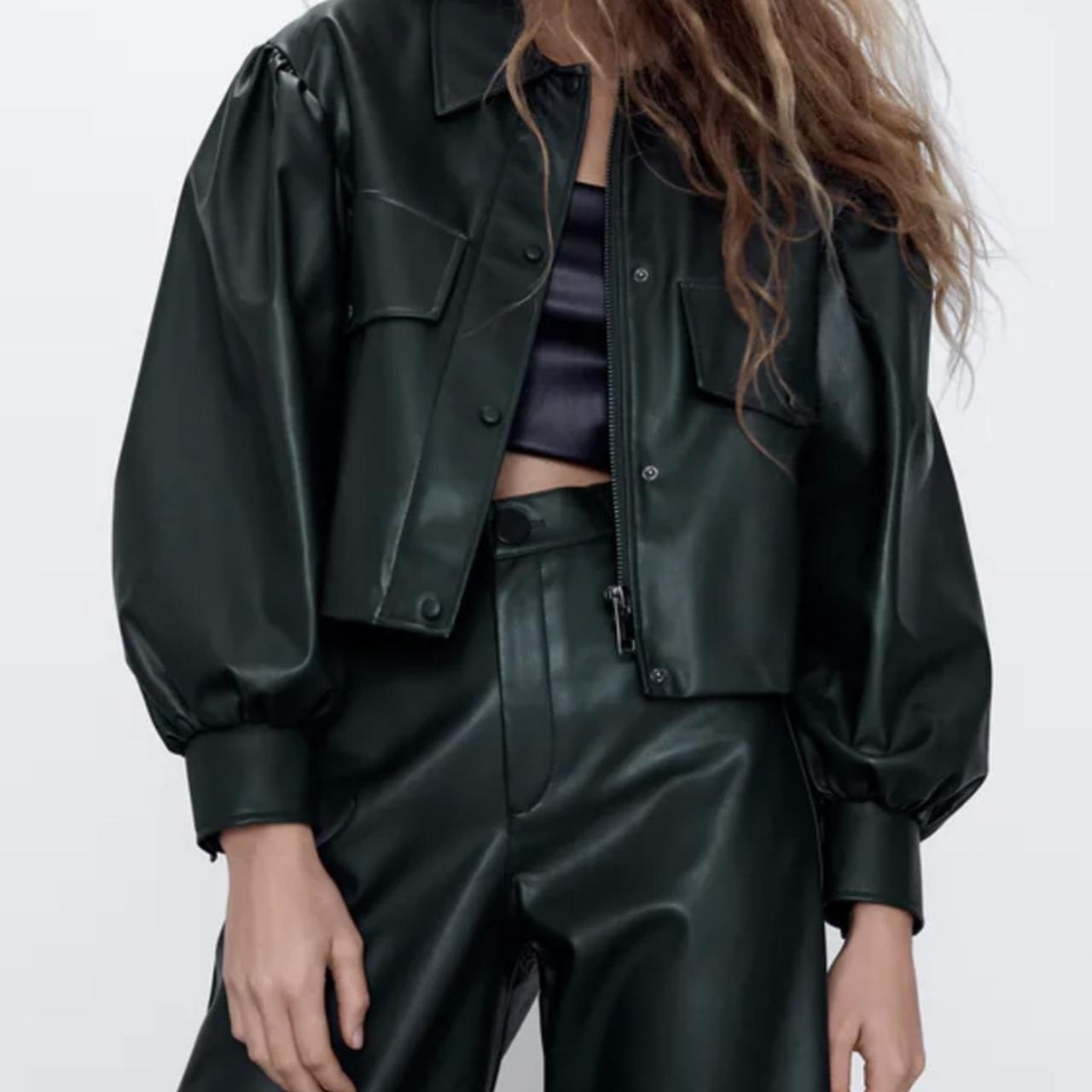 Zara Balloon Sleeve Leather Jacket NWT Zara Forest Green Faux