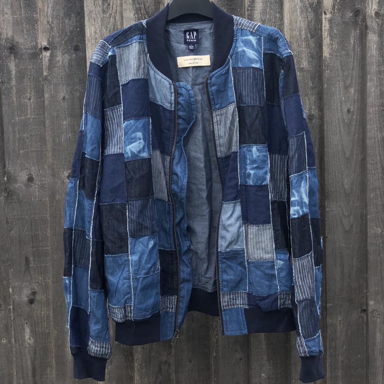 gap men’s denim patchwork bomber jacket limited... Depop